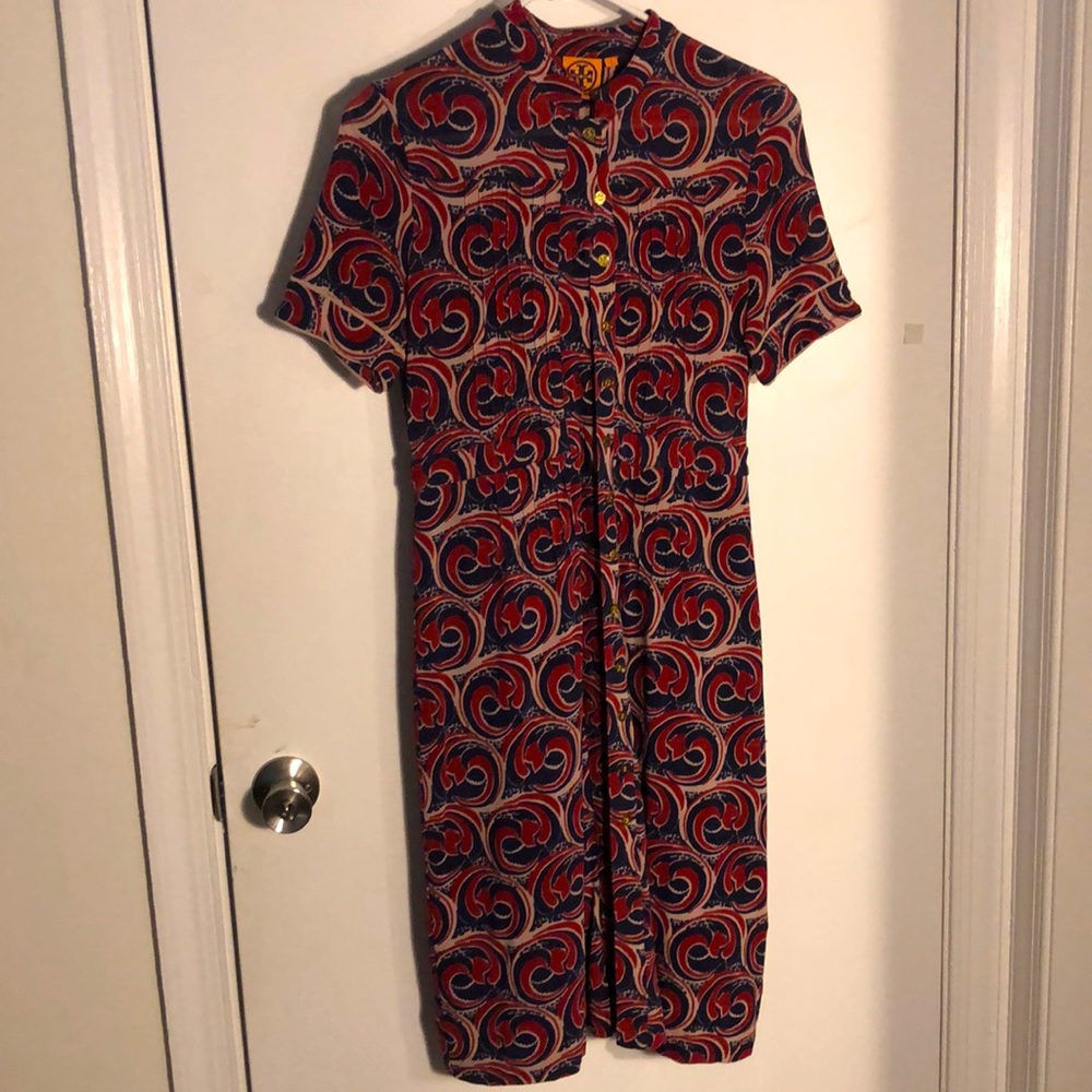 Tory Burch Red and Navy Burch silk swirl print dress